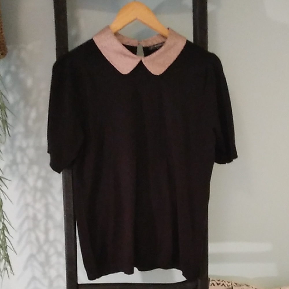 Adrianna Papell Hammered Satin Collar Thin Knit Sweater Shirt